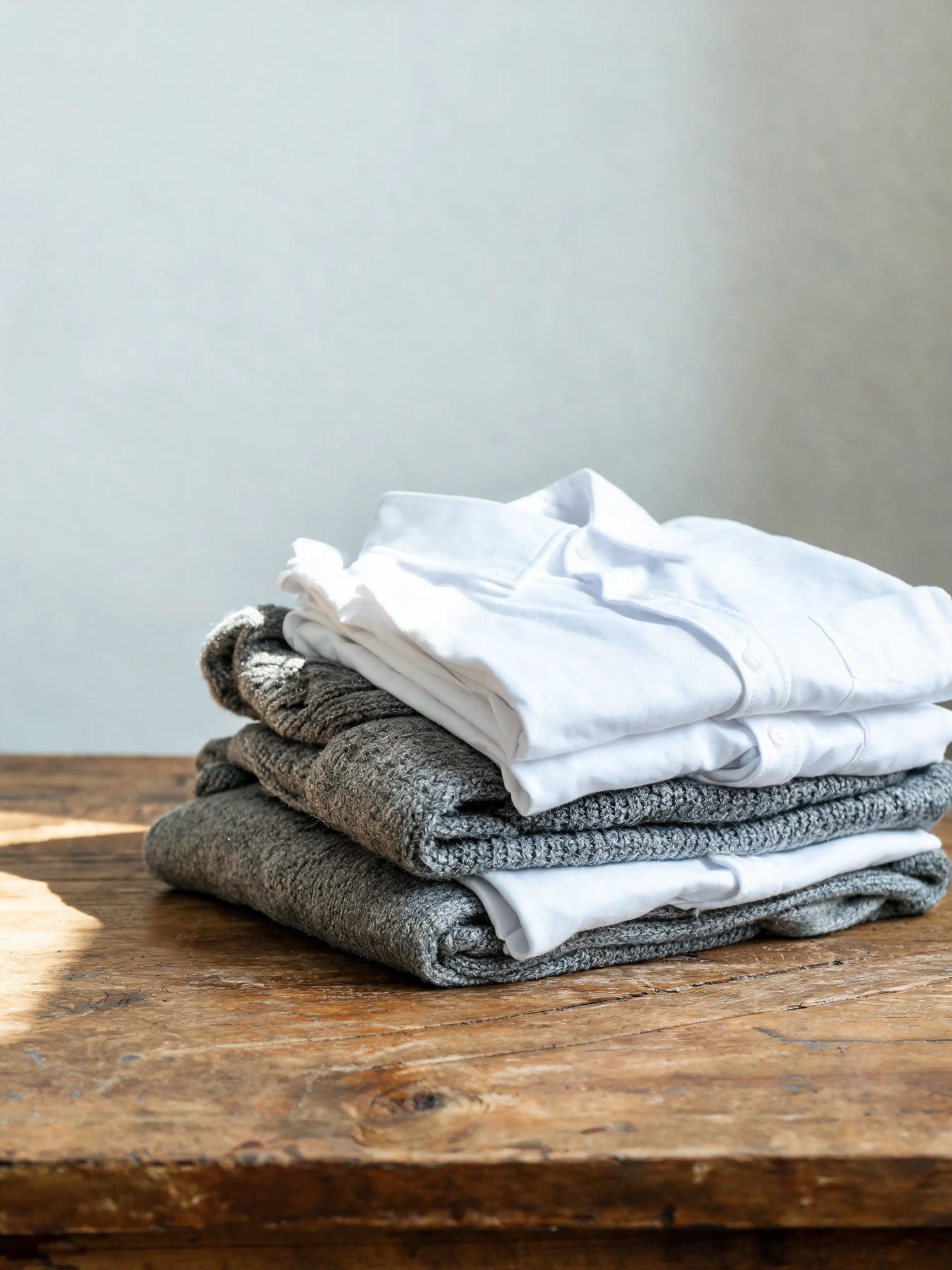 Folded knitwear and shirts stacked on a worn oak table